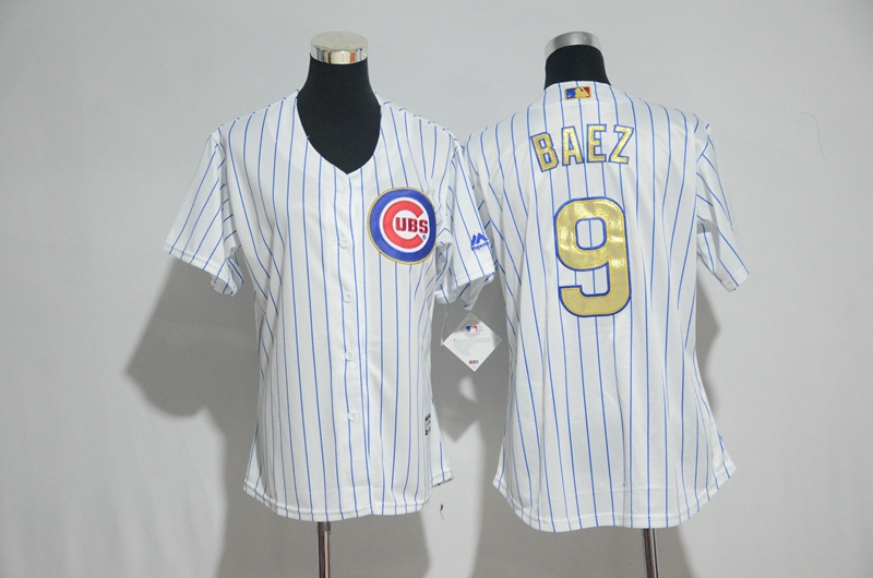 Womens 2017 MLB Chicago Cubs #9 Baez CUBS White Gold Program Jersey->women mlb jersey->Women Jersey